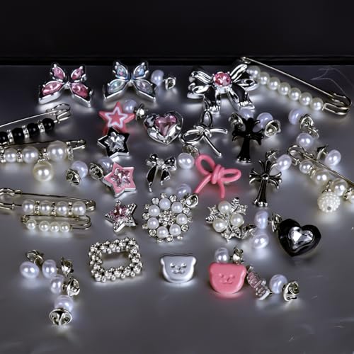 62pcs Silver Set Sock Charm Set, Safety Pin Brooch, Rhinestone, Pearl, Button Charms for Socks, Shoes, Clothing Accessories3