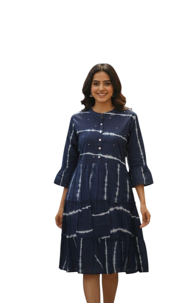 Cotton tie and die Knee Length Girl | Women Dress | Women's Navy Blue Tie-Dye Shirt Dress | Cotton A-Line Midi Dress with 3/4 Sleeves & Button Front-image-29