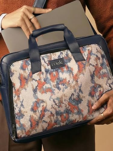 Image of ZOUK Blue Executive Laptop Bag for Men | Vegan Leather Office Briefcase with Padded 15.6 Inch Laptop Compartment, Shoulder Strap & Trolley Sleeve | Water-Resistant Work & Travel Bag |