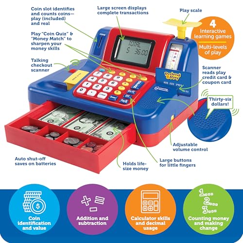 Image of Learning Resources Pretend & Play Teaching Cash Register - Math Games, Shopping Grocery Store Playset, Fine Motor Skills, Gifts For Boys and Girls
