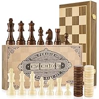 Peradix Chess Set and Draughts Board Games 2 in 1 Set | 15\" Magnetic Foldable Wooden Chess Checkers Board | 2 Extral Queen | Educational Toy Set for Adults and Kids