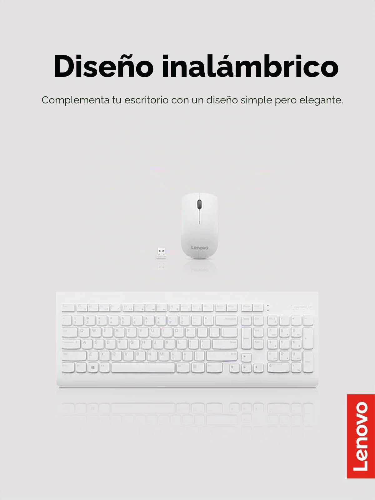 Lenovo Combo inalámbrico 510 con Receptor USB de 2,4 GHz, Teclado Delgado de tamaño Completo, Teclado de número Completo, ratón óptico de 1200 dpi, Mano Izquierda o Derecha, GX30W75336, Blanco