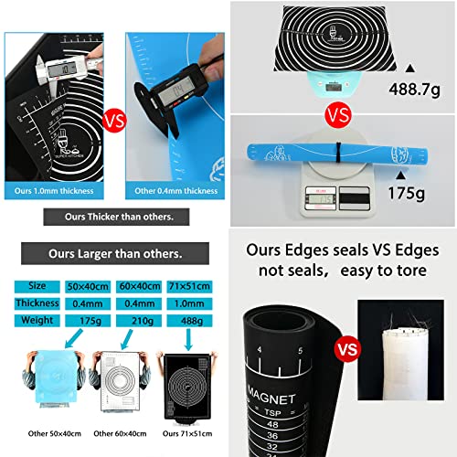 Foto von SUPER KITCHEN Groß Rutschfeste Backunterlage Antihafte Backmatte Silikon Teigunterlage Ausrollmatte XL Silikonmatte Pizza Fondant Teigmatte mit Teigschneider- Epoxidharz Resin Matte (Schwarz, 71x51cm)