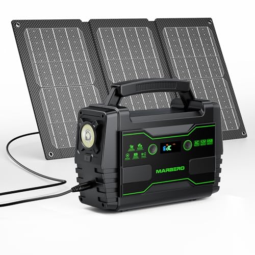 MARBERO Solar Generator 155Wh with 30W Solar Panel Portable Power Station with 2x 100W AC Outlets(Peak 150W), QC3.0 USB UL Certified for Home Blackout, Camping, RV Travel, Ultra-Light & Silent Fan