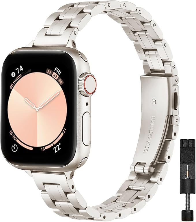 Image of STIROLL Thin Replacement Band Compatible for Apple Watch 38mm 40mm 41mm 42mm(Series 11 10), Stainless Steel Metal Wristband Women Men for iWatch Ultra SE Series 9 8 7 6 5 4 3 2 1, Starlight