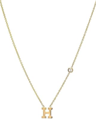 14k Gold Initial and Bezel Diamond Necklace, Personalized Block Letter and Diamond necklace, Dainty Gold Chain with Letter Necklace, Handmade, Minimal, Yellow Gold, White Gold, Zoe Lev Jewelry