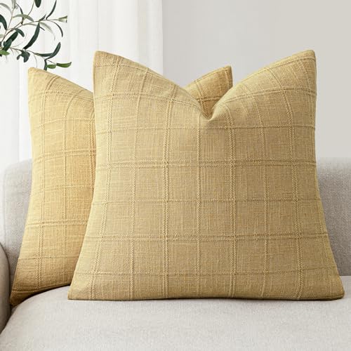 Image of Foindtower Set of 2 Decorative Linen Check Throw Pillow Covers Neutral Farmhouse Vintage Cushion Covers Modern Boho Accent Home Decor for Sofa Chair Couch Bedroom Living Room,24x24 Inch,Amber Gold
