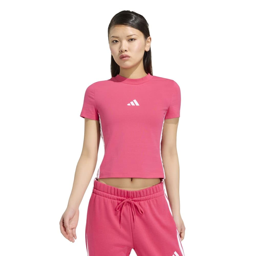 adidas Women's Essentials 3 Stripes Slim Baby Shirt, Power Pink/White, S