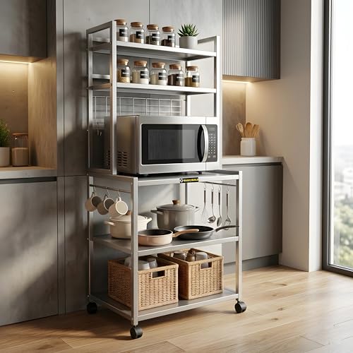 Image of Metal Microwave Oven Stand with Storage Shelves & Hooks | Heavy Duty Multi-Level Kitchen Rack with Wheels | Appliance Organizer (MS 5 Silver)