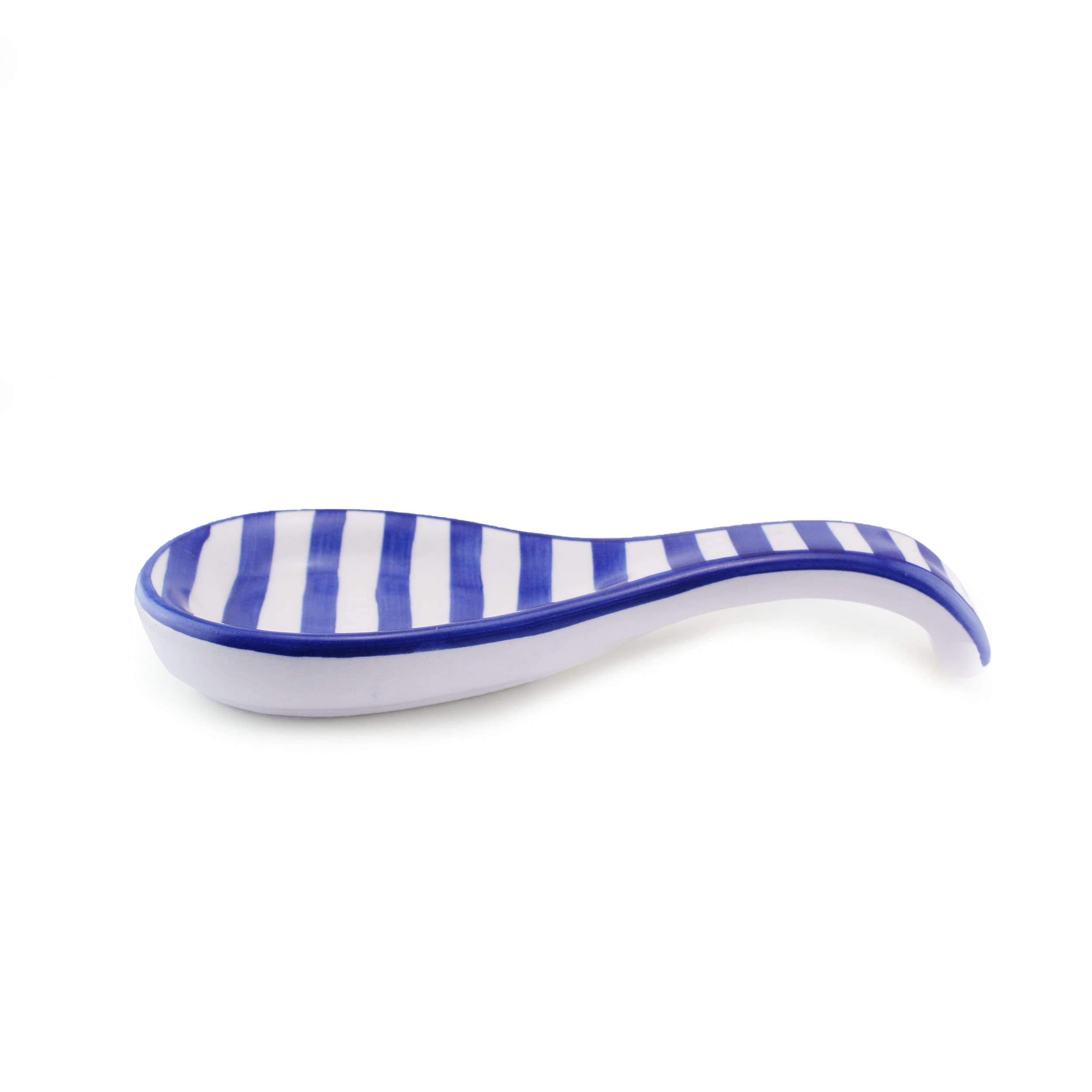 GGICO Artisan Hand Painted Ceramic Spoon Rest/Holder, Large Size Cooking Utensil Rest for Counter Stove Top for Spoons, Ladles, Tong, Modern Kitchen Decor and Accessories (Blue Striped)