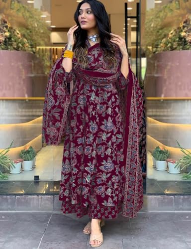 Image of GoSriKi Women's Rayon Viscose Anarkali Printed Kurta with Palazzo & Dupatta