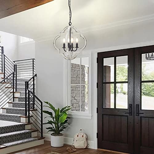 Fabulis 4-Light Farmhouse Orb Chandelier, Hand-Painted Distressed Wood Hanging Island Light Fixture For Dining Foyer Entryway Lighting (Distressed White, 4-Light) #TOP4