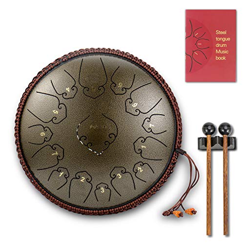 14 Inch 15 Note Steel Tongue Drum Percussion Instrument Lotus Hand Pan Drum with Ultra Wide Range and Drum Mallets Carry Bag