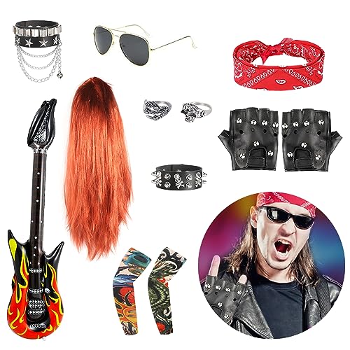 FASBET 12Pcs Rock Star Wig Set Fancy Dress Adult Punk Rockstar Accessories Rockstar Fancy Dress 80s Rock Star Costume
