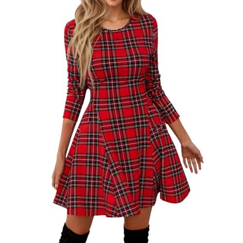 Freizeitkleider Strickkleid Damen Pulloverkleid Winterkleid Elegant Herbstkleid Dress Damen Retro-Kleid mit Karomuster, langen Ärmeln, asymmetrischem...