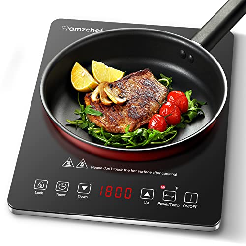 Portable Induction Cooktop AMZCHEF Single Electric Cooking Burner With Ultra Thin Body, 1800W Sensor Touch Hot Plate Countertop Burner With 8 Temperature and Power Levels, 3-hour Timer, Safety Lock
