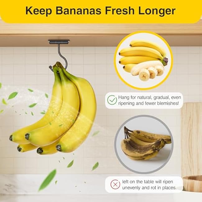 Under Cabinet Banana Hook Adhesive - Sticky Banana Hanger Under Counter, Sturdy Metal Banana Holder for Hanging Bananas or Kitchen Utensil, Banana Saver, Keeps Bananas Fresh, Black