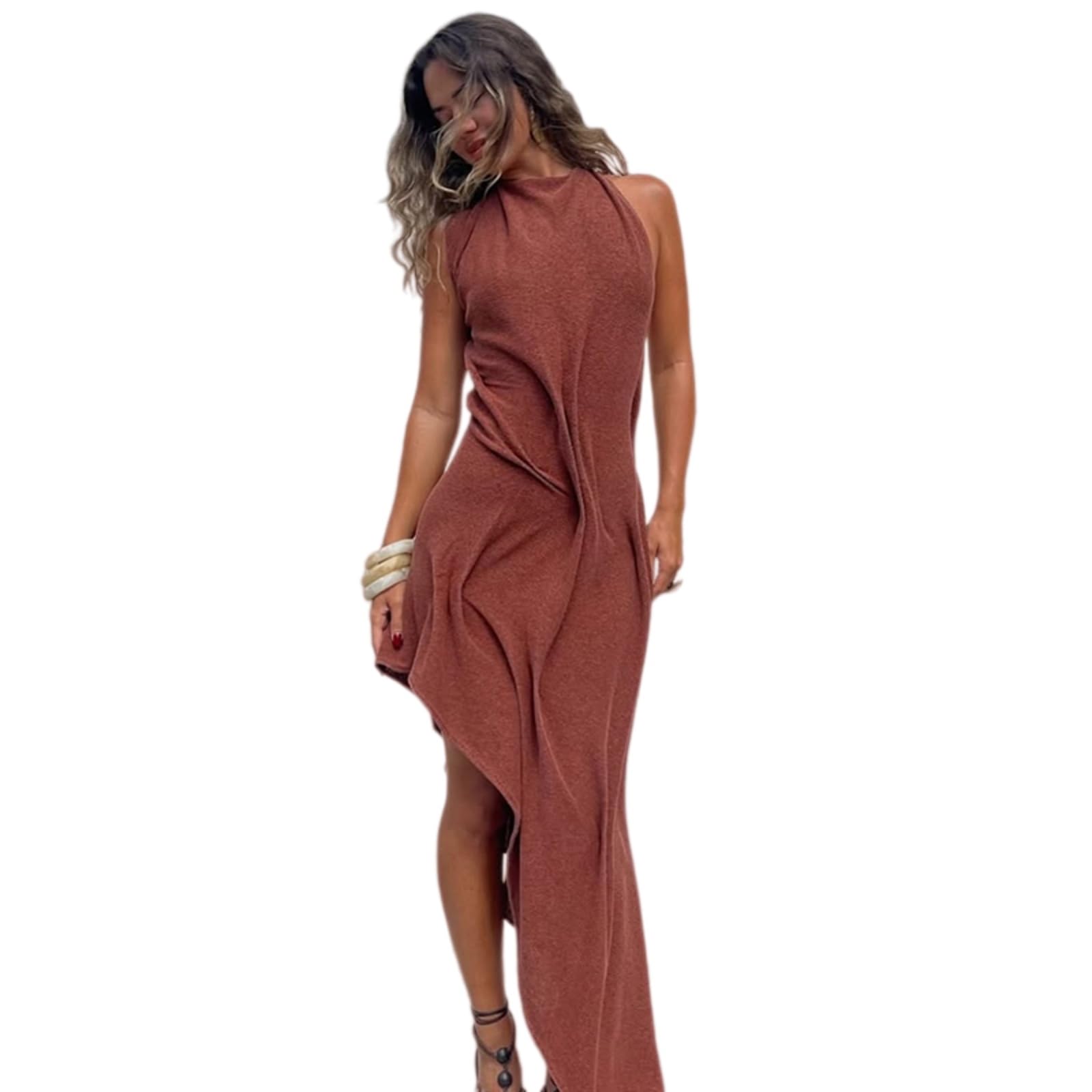 Vestito Elegante Donna Romantico Morbido Halter Maxi Abito Ruched Asimmetrico da Festa per Le Vacanze Anniversario Cena Sera-03-m