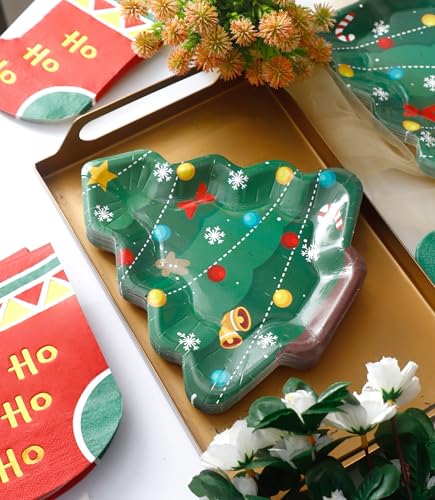 Winoo Design 100PCS Christmas Dessert Plates and Napkins Bulk - 50 PK - Small Tree Paper Plates Xmas Disposable Plates Stockings Napkins for Christmas Decorations Décor Party Supplies – Image 7