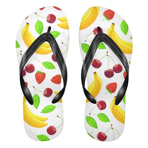 Sinestour Strawberry Cherry Leaf White Flip Flops for Beach Thong Sandals Anti-slip Lightweight Flat Slippers for Summer Swim Travel