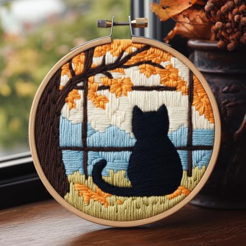 Image of DIY Punch Needle Kits Black Cat Back Sit on Window with Hoop 20x20cm-17 | with Pattern Stamped Easy for Beginners Embroidery Punch Needle Starter Craft Set for Adults Festival Gift and Decoration