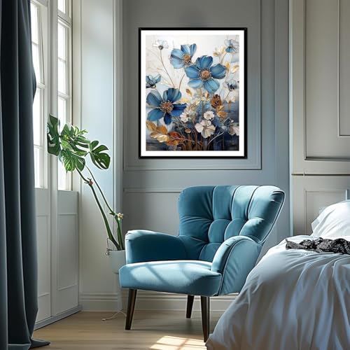 Image of MjhRcll Floral Stamped Cross Stitch Kits, Blue Flowers Cross Stitch Ornament Kits for Adults Beginners, Counted Embroidery Needlepoint Kits Home Decor 12x16 Inch
