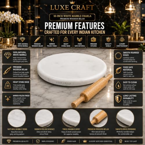 Image of 10 Inch White Marble Chakla Belan Set with Wooden Rolling Pin | Marble Roti Rolling Board | Chapati Maker Phulka Maker & Paratha Making Board | Heavy Duty Smooth Finish Stone Chakla for Home & Kitchen
