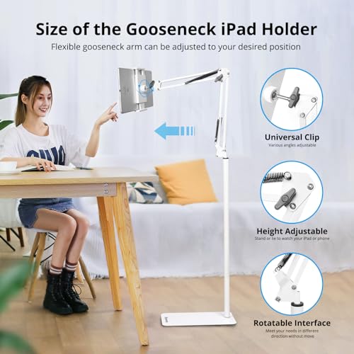 Image of Adjustable Tablet Floor Stand Universal 360-degree Rotatable Metal Tablet Holder Phone Stand Compatible iPad /iPhoneX /iPad Pro 4.5~12.9 Inch-Screen for Kindle,Phone (White)