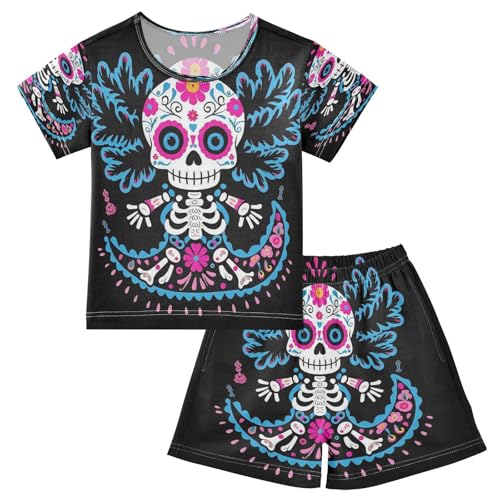 Pajama Sets Short Sleeve Colorful Sugar Skull Design Soft Cotton Summer Sleepwear 2 Piece PJS Size 5-14T