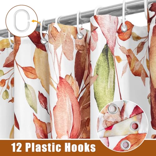 Image of Fall Eucalyptus Leaves Shower Curtain, Autumn Aesthetic Art Watercolor Plant Leaf with Floral Bathroom Decor, Waterproof Fabric Cloth Bath Curtain Set with Hooks (Brown-Orange, 72 inch W x 72 inch L)