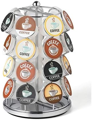Nifty Coffee Pod Carousel – Compatible with K-Cups, 28 Pod Pack Storage, Spins 360-Degrees, Lazy Susan Platform, Modern Chrome Design, Home or Office Kitchen Counter Organizer