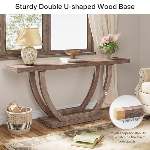 Image of Tribesigns 63-Inch Wood Console Table with Geometric Base, 2-Tier Farmhouse Sofa Table Narrow Long, Thickened Behind Couch Table with Shelves for Living Room Foyer Corridor (Dark Brown)