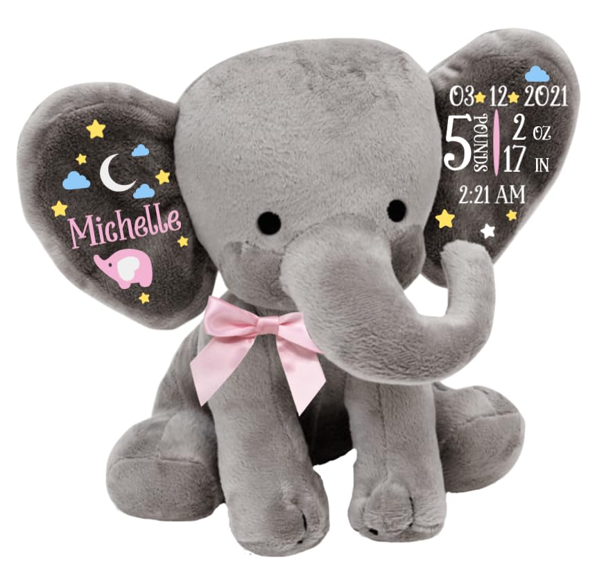 Moon and Stars - Birth Stats Keepsake Elephant - Perfect for a Newborn Baby Gift, an upcoming Child's birthday or a baby shower! Personalized Stuffed Elephant