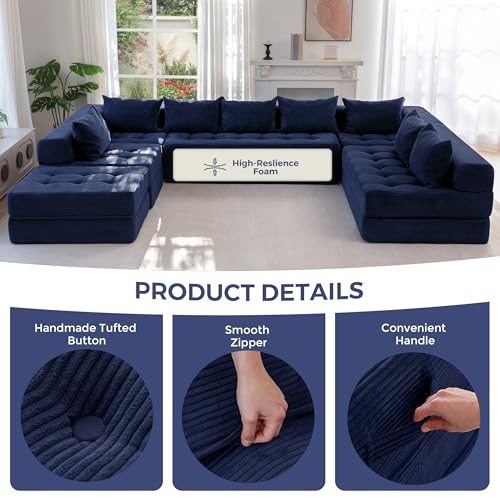 Image of MAXYOYO Modular Sectional Sofa Couch, Foldable Oversized U Shaped Cloud Couch with Pillows, Tufted Boneless Lounger Floor Sofa Bed for Living Room, No Assembly Required, Navy