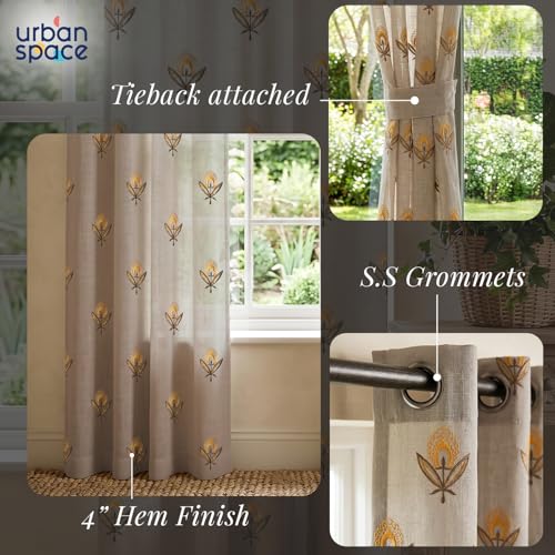 Image of Urban Space Cotton Sheer Curtain Pack of 1, Embroidered Semi Transparent Door Curtains 7 feet for Living Room, Bedroom & Balcony, 1 Pc Curtain with Eyelets and Tieback (Saanjhi Amber Brown - 7 feet)