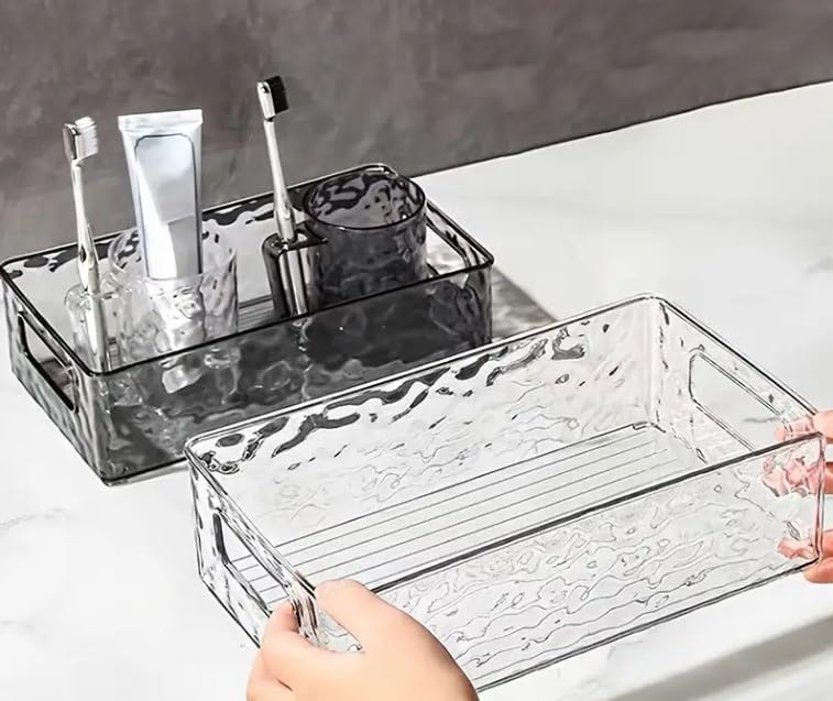 OTISTORES Acrylic Transparent Storage Basket with Handle Cosmetics Storage Organizer for Home Bathroom Underwear Bathroom Organizer Tray for Home Kitchen Stackable Storage Box (Pack Of 1)-image-11