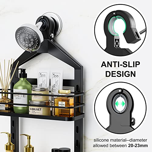 Thideewiz 3 Tier Hanging Shower Caddy Over Shower Head, Anti-Swing Black Adjustable Rustproof Shower Organizer With Hooks, Metal #TOP2