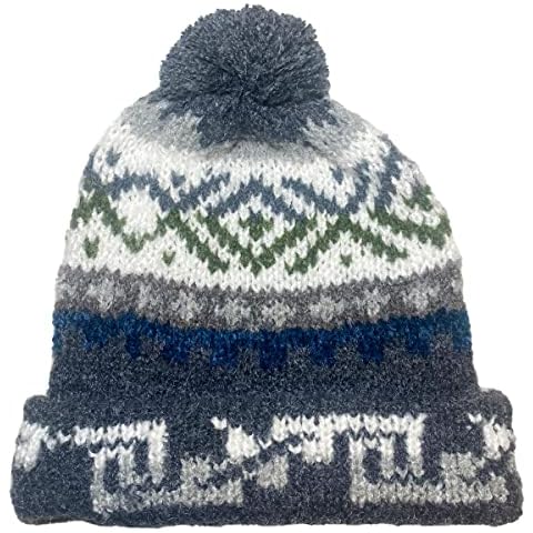 TINKUY Peru Geometric Pom Pom Beanie, Authentic Peruvian Alpaca Woolen Bobble Hats for Men and Women, (Dark Grey) Cover