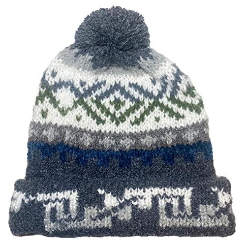 TINKUY Peru Geometric Pom Pom Beanie, Authentic Peruvian Alpaca Woolen Bobble Hats for Men and Women, Unisex, One Size, Dark Gray
