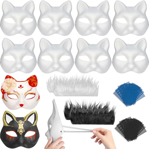 DFLU 34Pcs in 1 Cat Therian Mask Kit with Fur and Eye Mesh, Blank DIY Therian Gear Stuff Masks Base to Paint, Animal Half Paper Fox Cat Face Masquerade Mask Costume for Halloween Cosplay Parties