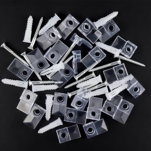 Image of 32Pack Mirror Holder Clips,Clear Plastic Mirror Clips,Frameless Mirror Mounting Hardware,Mirror Holders for Wall Mounting,Mirror Mounting Hardware with Screw,for Cabinet,Glass,Wall,Door,Picture Frames