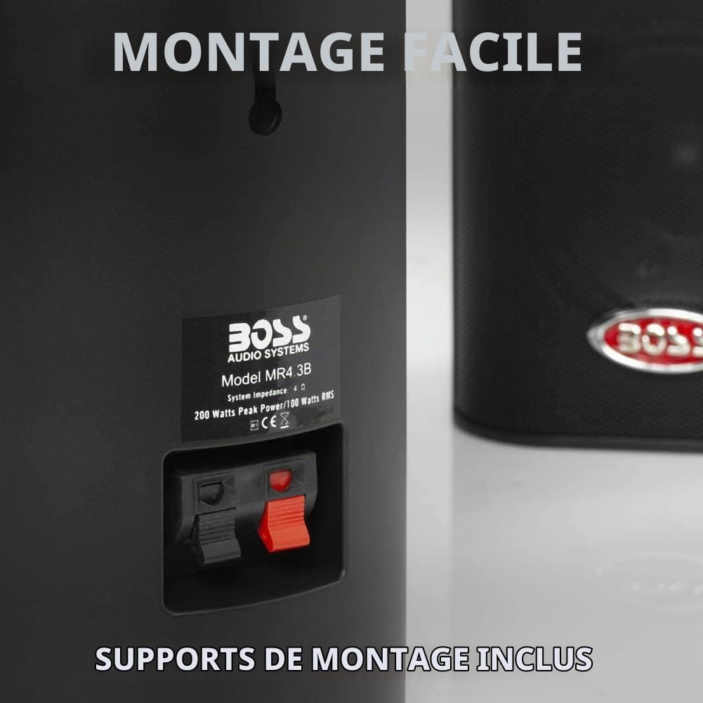 KIT Set pour Boss Audio Systems MR4.3B, 2 Enceintes 3 Voies Noires, 100 W RMS, 200 W Max, étanche, intérieur/extérieur, Paire + Supports de Fixation
