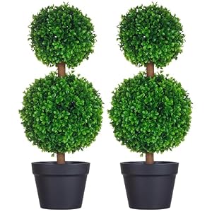 HOMCOM Set of 2 23.6″ Artificial Ball Boxwood Topiary Trees with Pot, Indoor Outdoor Fake Plants for Home Office & Living Room Decor