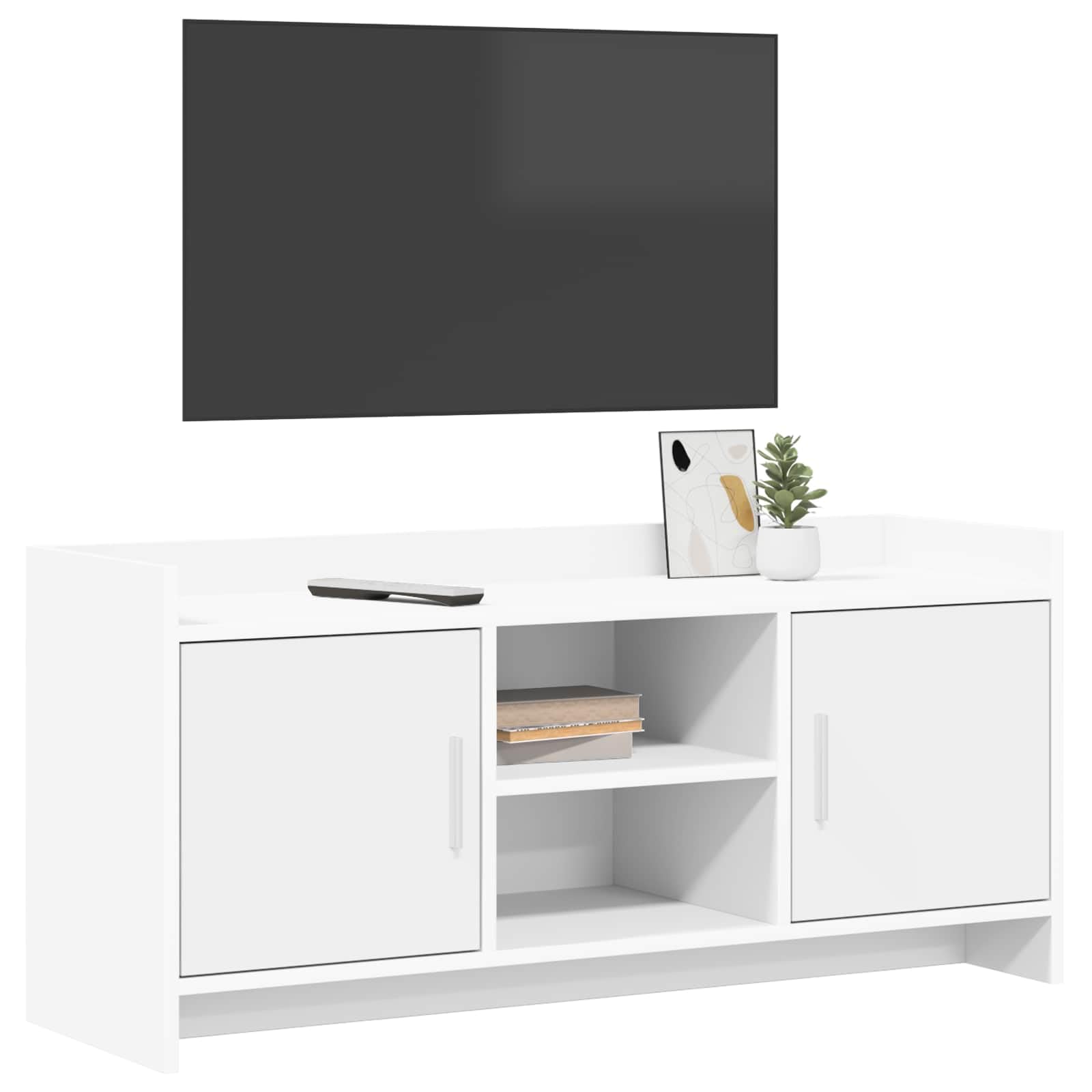Mobile TV in legno bianco, 102 x 33 x 47 cm, con molto spazio, scaffale e cassetto per soggiorno, angolo gaming, salvaspazio, design moderno, facile da pulire, montaggio a parete possibile