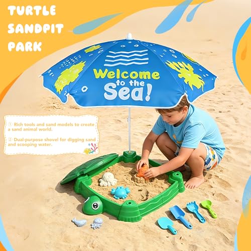Image of Turtle Sandbox with Lid and Umbrella, Large Square Sand Box for Kids | square shape saves space, adjustable umbrella, 6 sea molds & 4 shovels, rounded safe edges, PP material, washable, ages 3+