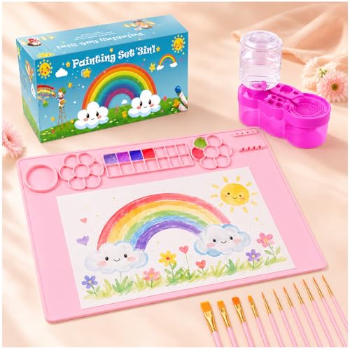 DarkWish Kids Silicone Painting Mat Brush Cleaner & 10 Brushes Pink