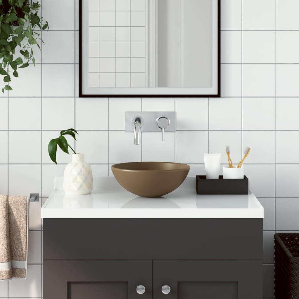 vidaXL Lavabo de Cuarto de Baño Redondo Lujo Tocador Montado Encima Aseo Indoro Cocina Garaje Fácil de Limpiar Moderno Cerámica Crema Mate