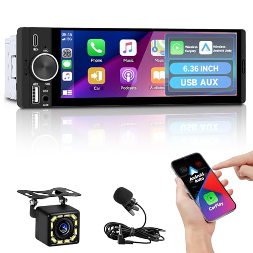 Single Din Bluetooth Car Stereo Compatible with Apple CarPlay Android Auto 6.36 Inch HD Touchscreen Car Radio Mirror Link Reversing Camera Included FM USB SWC Car Audio Head Unit