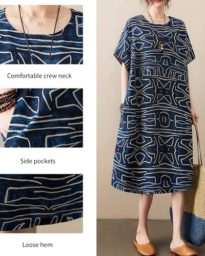 Image of LUZU JUNU Women's Summer Baggy Plus Size Loose Cotton Linen Long Boho Beach Dress with Pockets