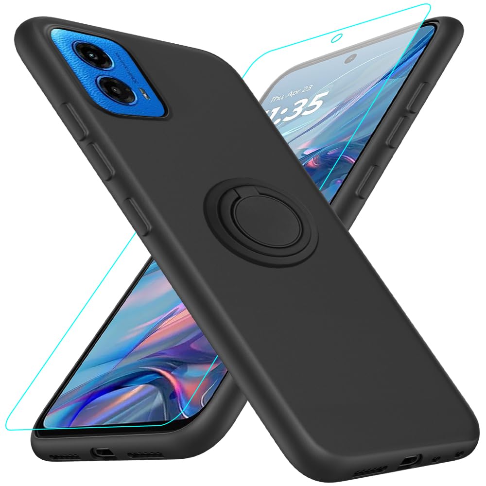 Case for Motorola Moto G45 Phone Case with Glass Screen Protector, 360° Rotatable Ring Holder Kickstand/ Stand Silicone TPU Shockproof Protective Cover Case for Motorola Moto G45 5G 2024 - Black